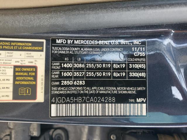 4JGDA5HB7CA024288 - 2012 MERCEDES-BENZ ML 350 4MATIC CHARCOAL photo 13