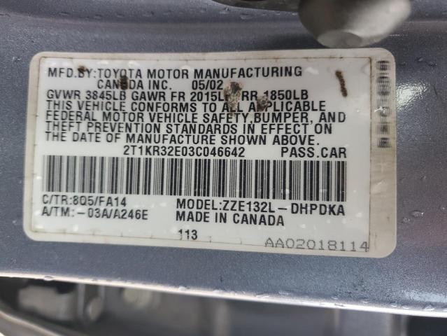 2T1KR32E03C046642 - 2003 TOYOTA COROLLA MA XR BLUE photo 13