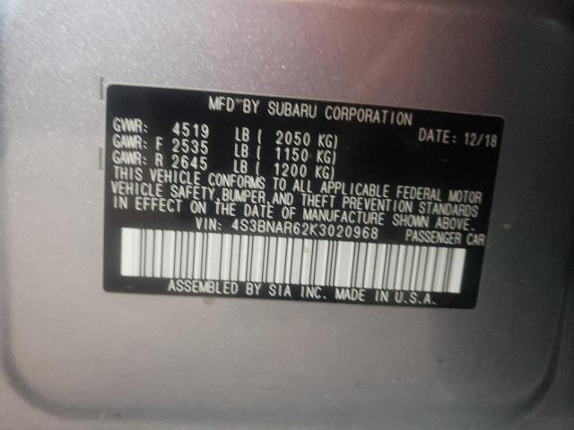 4S3BNAR62K3020968 - 2019 SUBARU LEGACY SPORT SILVER photo 12