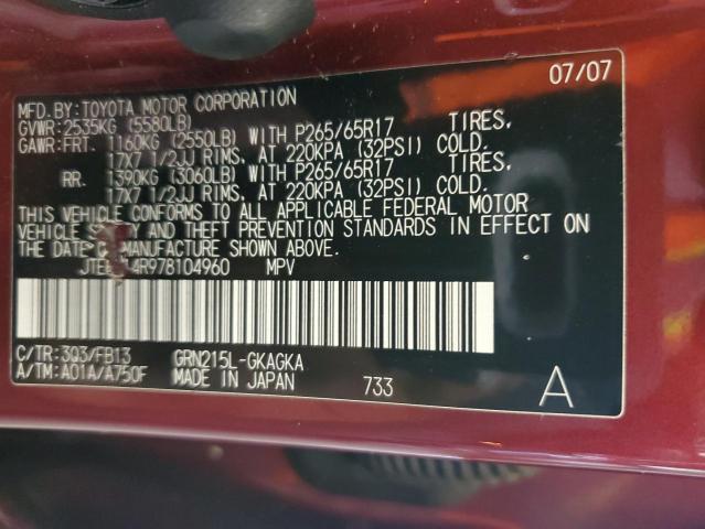 JTEBU14R978104960 - 2007 TOYOTA 4RUNNER SR5 RED photo 12
