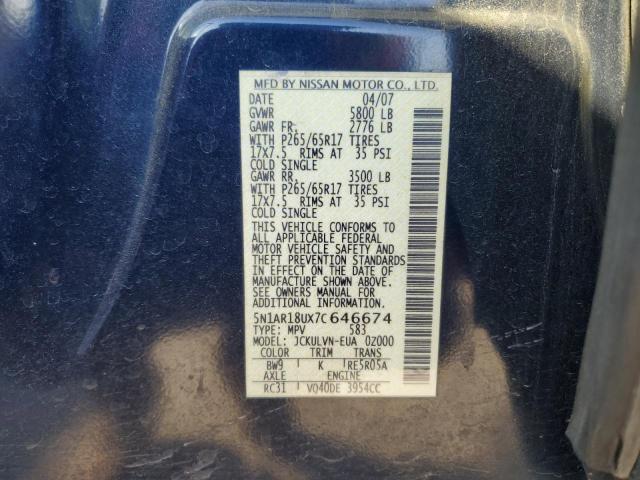 5N1AR18UX7C646674 - 2007 NISSAN PATHFINDER LE BLUE photo 14