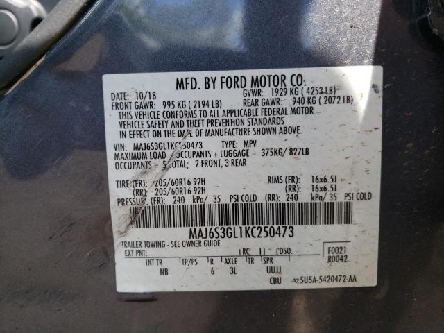 MAJ6S3GL1KC250473 - 2019 FORD ECOSPORT SE ნაცრისფერი ფოტო 13