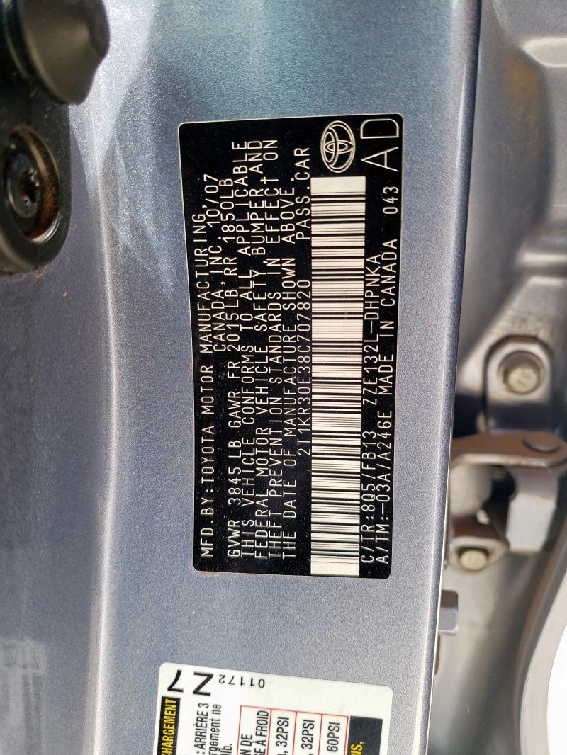 2T1KR30E38C707820 - 2008 TOYOTA COROLLA MA XR BLUE photo 12