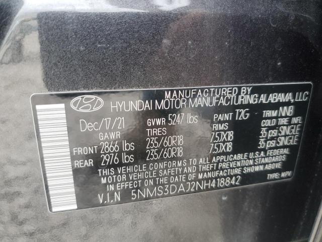 5NMS3DAJ2NH418842 - 2022 HYUNDAI SANTA FE SEL GRAY photo 12