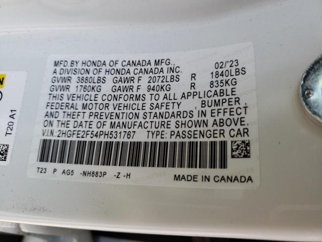 2HGFE2F54PH531767 - 2023 HONDA CIVIC SPORT 白色 照片 12