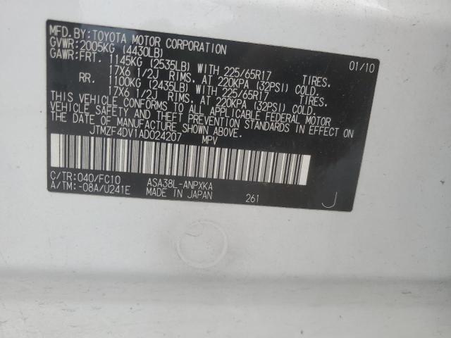 JTMZF4DV1AD024207 - 2010 TOYOTA RAV4 თეთრი ფოტო 12