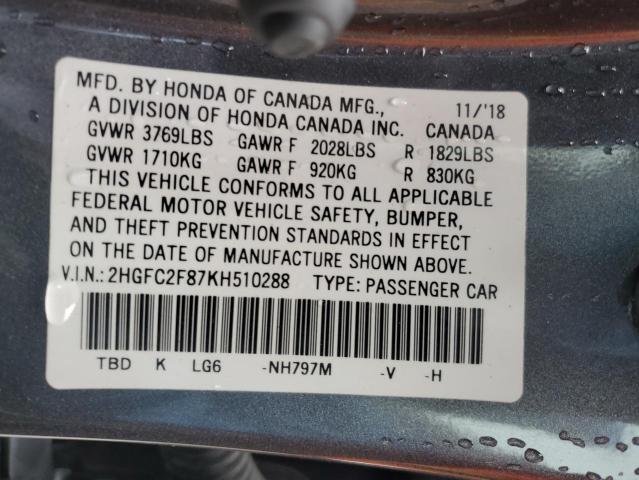 2HGFC2F87KH510288 - 2019 HONDA CIVIC SPORT Сірий фото 12