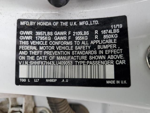 SHHFK7H43LU409053 - 2020 HONDA CIVIC SPORT 白色 照片 12