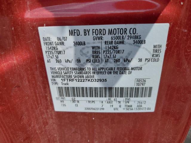 1FTRF12227KD32935 - 2007 FORD F150 RED photo 13