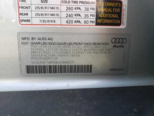 WAUNF78P98A088824 - 2008 AUDI A3 2.0 PREMIUM SILVER photo 12