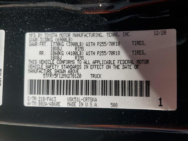 5TFRY5F12MX278120 - 2021 TOYOTA TUNDRA DOUBLE CAB SR/SR5 BLACK photo 12