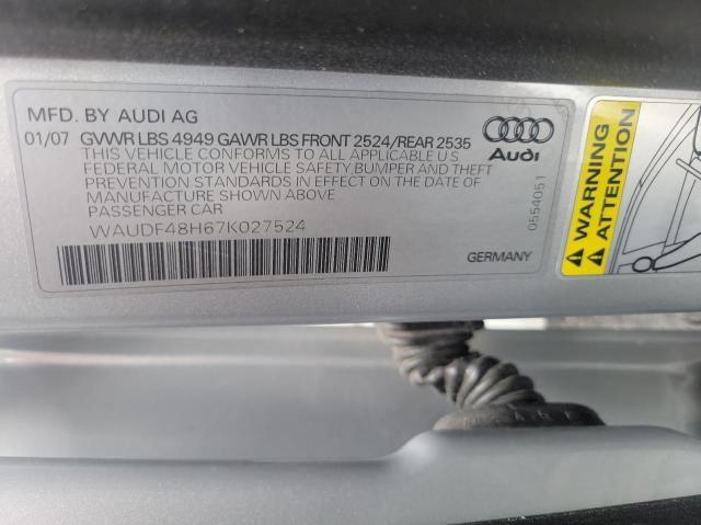 WAUDF48H67K027524 - 2007 AUDI A4 2.0T CABRIOLET QUATTRO SILVER photo 10