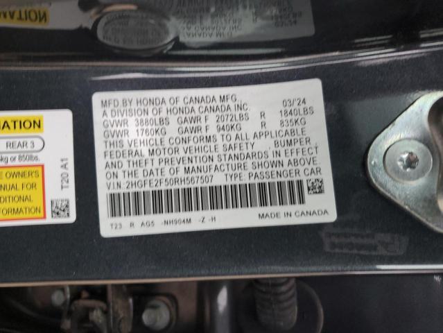 2HGFE2F50RH567507 - 2024 HONDA CIVIC SPORT შავი ფოტო 12