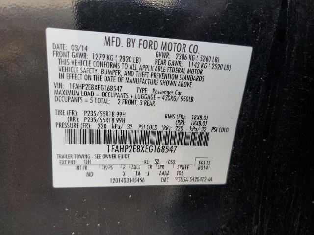 1FAHP2E8XEG168547 - 2014 FORD TAURUS SEL BLACK photo 12