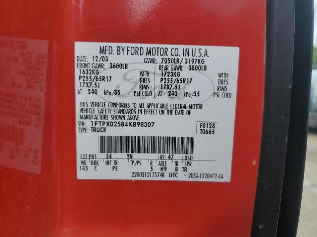 1FTPX02584KB98307 - 2004 FORD F150 RED photo 12