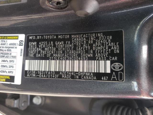 2T1LE40E39C004693 - 2009 TOYOTA COROLLA MA S GRAY photo 12