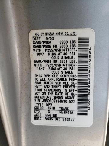 JN8DR09Y94W901522 - 2004 NISSAN PATHFINDER LE ვერცხლისფერი ფოტო 12