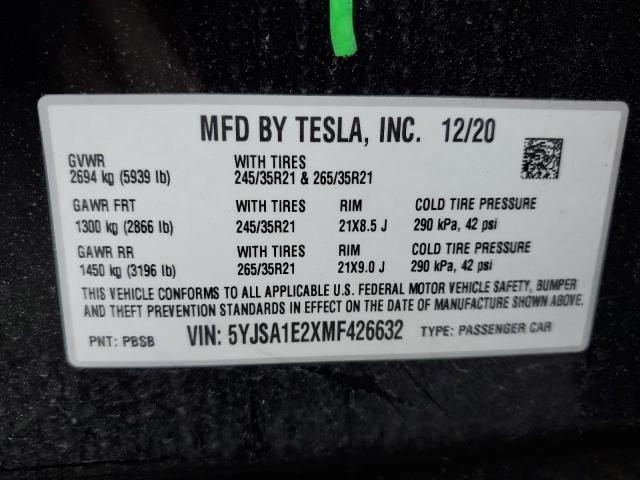5YJSA1E2XMF426632 - 2021 TESLA MODEL S Чорний фото 13
