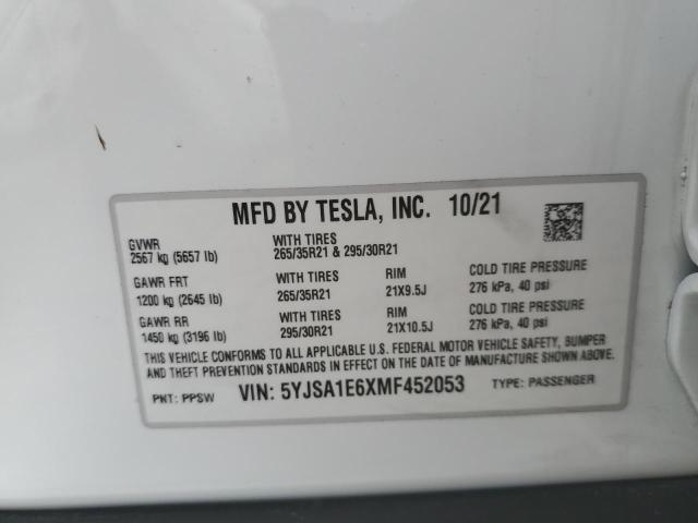 5YJSA1E6XMF452053 - 2021 TESLA MODEL S Білий фото 12