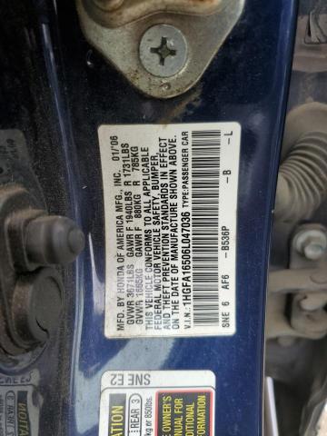 1HGFA16506L047036 - 2006 HONDA CIVIC LX BLUE photo 12