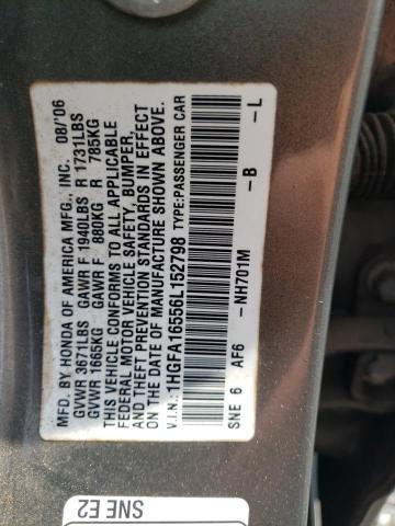 1HGFA16556L152798 - 2006 HONDA CIVIC LX GRAY photo 12