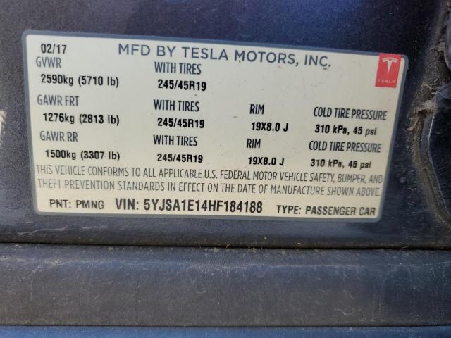 5YJSA1E14HF184188 - 2017 TESLA MODEL S GRAY photo 13