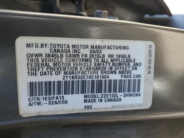 2T1KR32E74C181604 - 2004 TOYOTA COROLLA MA XR CHARCOAL photo 12