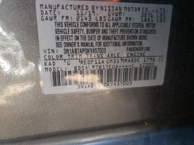 3N1AB7AP0KY457003 - 2019 NISSAN SENTRA S GRAY photo 12