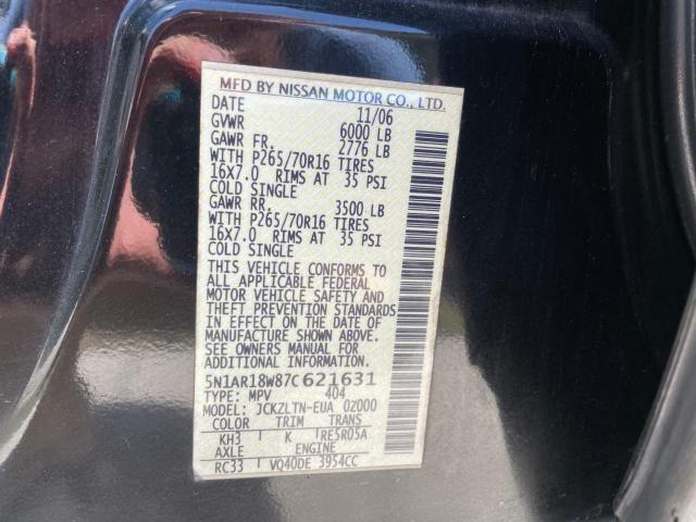 5N1AR18W87C621631 - 2007 NISSAN PATHFINDER LE 黑色 照片 10