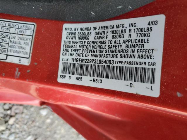 1HGEM22923L054003 - 2003 HONDA CIVIC EX Կարմիր լուսանկար 12
