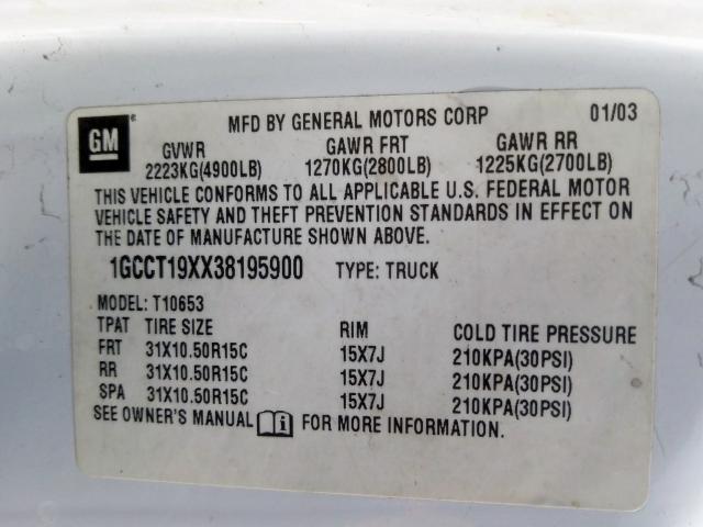 1GCCT19XX38195900 - 2003 CHEVROLET S TRUCK S10  photo 10