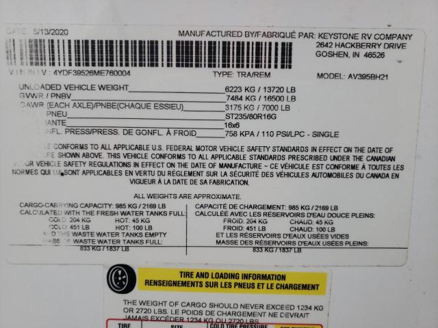 4YDF39526ME760004 - 2021 KEYSTONE AVALANCHE თეთრი ფოტო 10