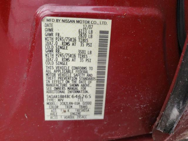 5N1AR18B48C646265 - 2008 NISSAN PATHFINDER S MAROON photo 13