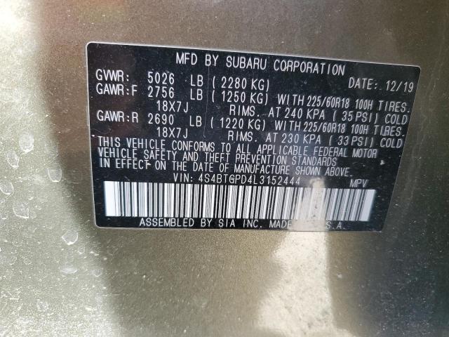 4S4BTGPD4L3152444 - 2020 SUBARU OUTBACK TOURING LDL მწვანე ფოტო 12