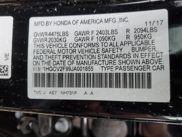 1HGCV2F99JA001855 - 2018 HONDA ACCORD TOURING BLACK photo 12