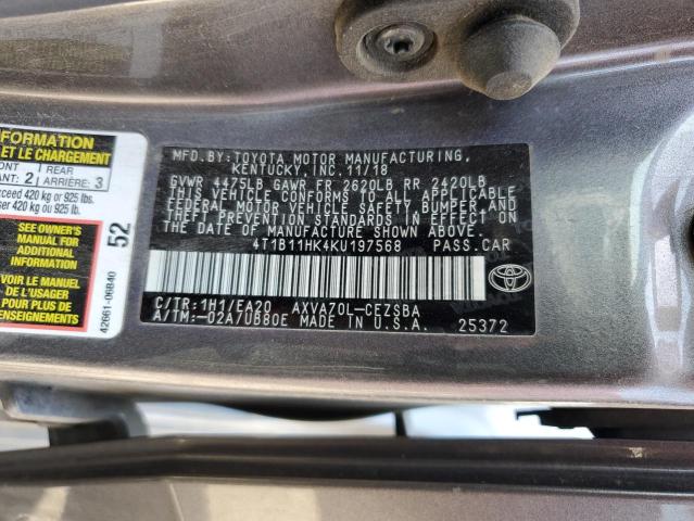 4T1B11HK4KU197568 - 2019 TOYOTA CAMRY L 石墨色 照片 13