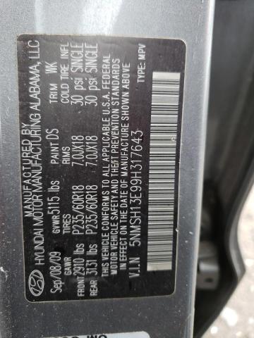 5NMSH13E99H317643 - 2009 HYUNDAI SANTA FE SE GRAY photo 12