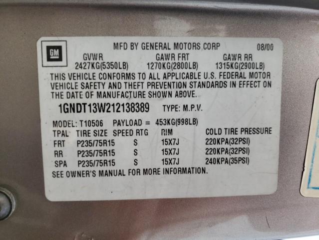 1GNDT13W212138389 - 2001 CHEVROLET BLAZER TAN photo 13