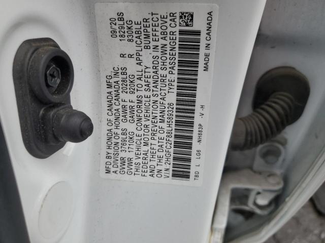 2HGFC2F88LH589326 - 2020 HONDA CIVIC SPORT WHITE photo 12