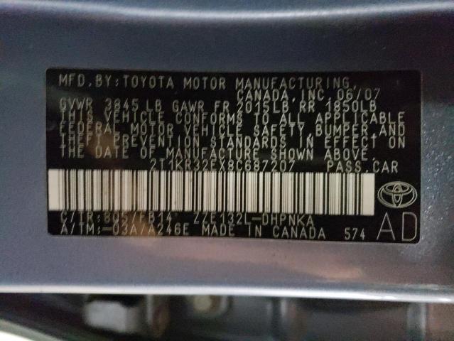 2T1KR32EX8C687207 - 2008 TOYOTA COROLLA MA XR BLUE photo 12