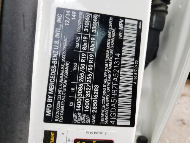 4JGDA5HB7FA521314 - 2015 MERCEDES-BENZ ML 350 4MATIC WHITE photo 12