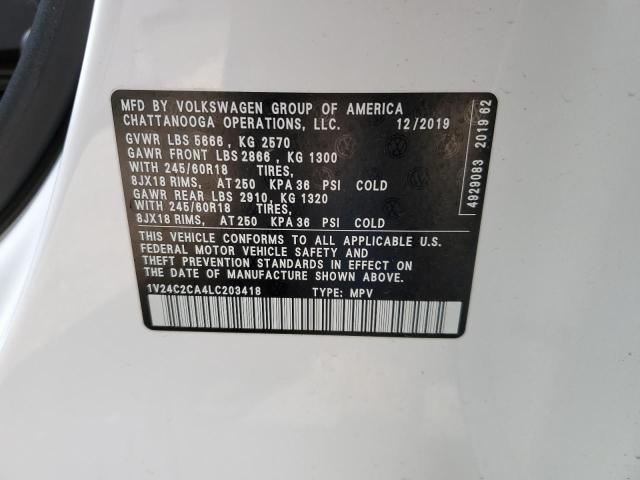 1V24C2CA4LC203418 - 2020 VOLKSWAGEN ATLAS CROS SE WHITE photo 13