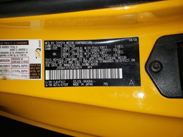 JTEBU11F570014679 - 2007 TOYOTA FJ CRUISER YELLOW photo 12