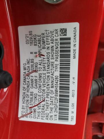 2HGFC2F89MH554280 - 2021 HONDA CIVIC SPORT 红色 照片 12
