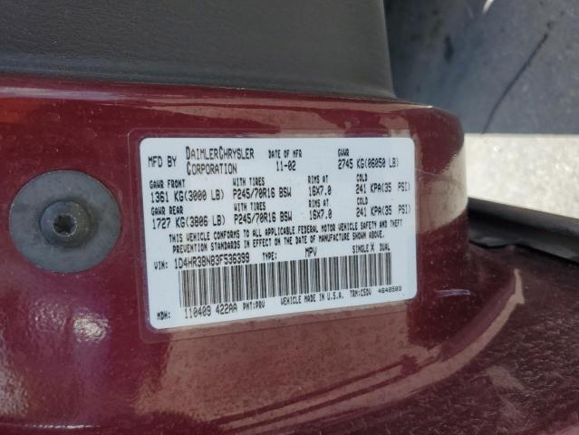 1D4HR38N83F536399 - 2003 DODGE DURANGO SPORT MAROON photo 13