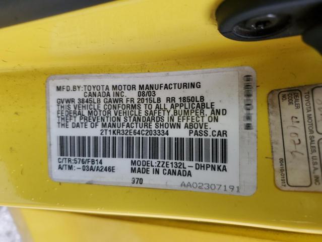 2T1KR32E64C203334 - 2004 TOYOTA COROLLA MA XR YELLOW photo 12