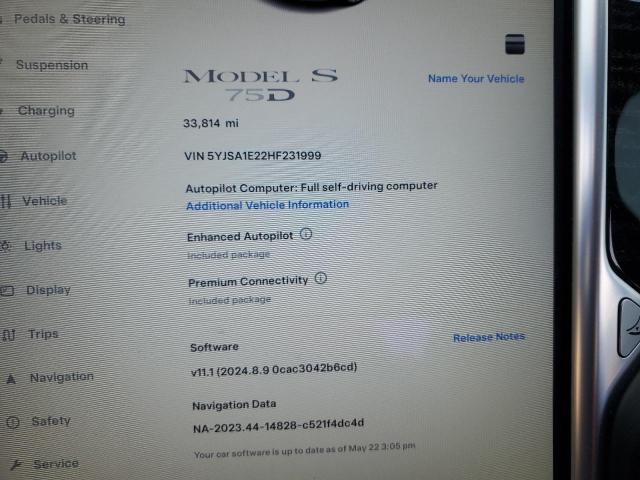 5YJSA1E22HF231999 - 2017 TESLA MODEL S შავი ფოტო 9