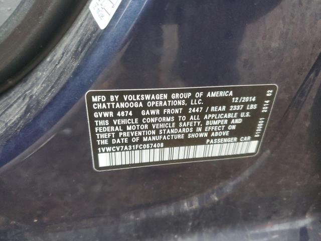 1VWCV7A31FC057408 - 2015 VOLKSWAGEN PASSAT SEL BLUE photo 12