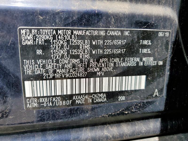2T3P1RFV1KC024827 - 2019 TOYOTA RAV4 XLE BLUE photo 13