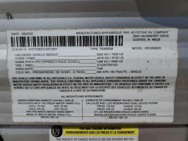 4YDT32827LS372351 - 2020 CAMPER TRAILER TWO TONE photo 10